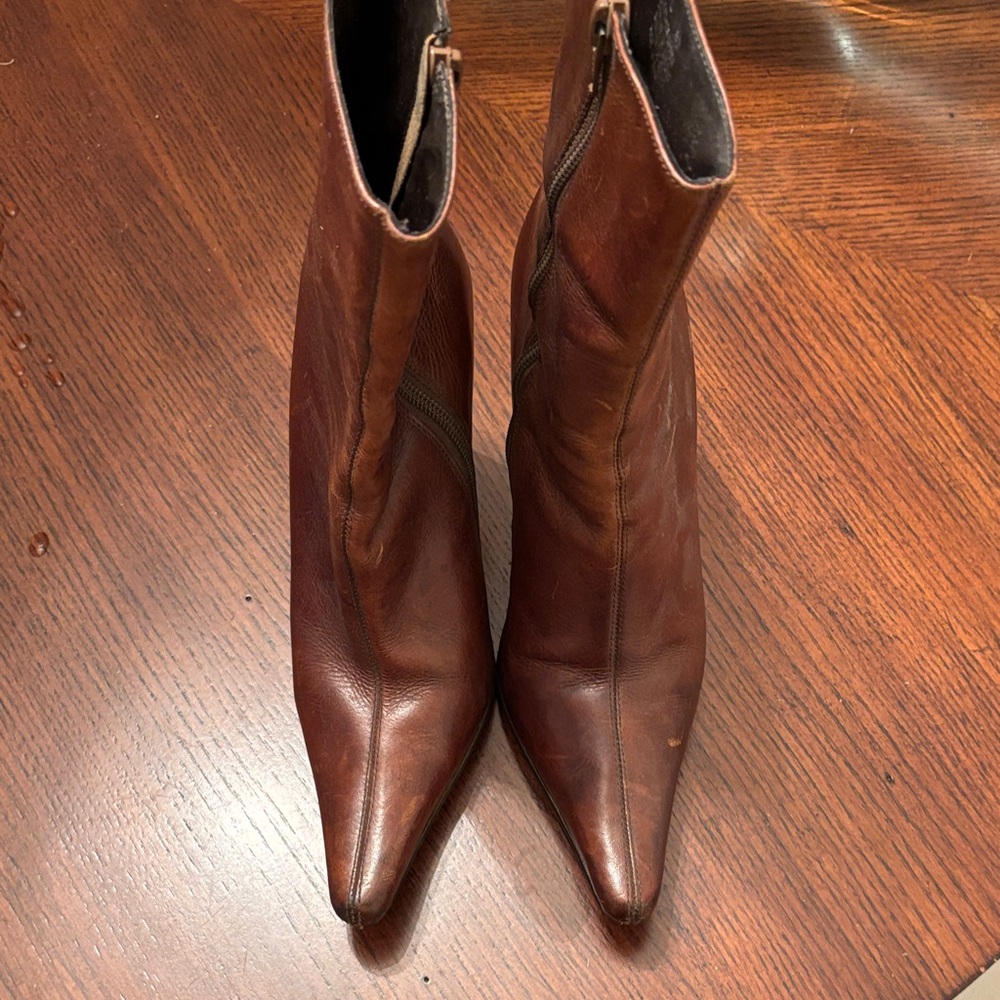 Steve Madden Brown Leather Pointed Toe Mid-Calf Heeled Boots - Picture 4 of 8